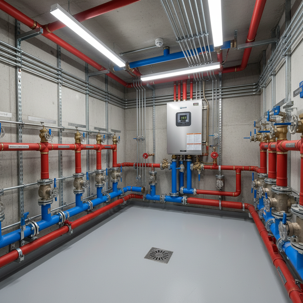 A commercial mechanical room in a Mid Michigan office building, filled with an intricate network of insulated hot and cold water lines, precisely labeled shutoff valves, and a large, wall-mounted tankless water heater with digital controls.