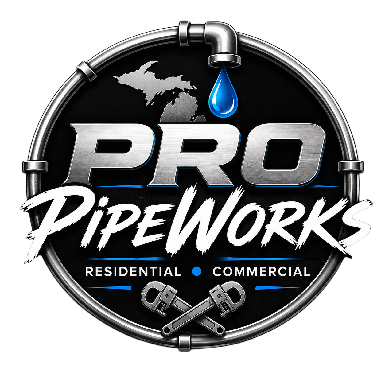 The Pro Pipeworks LLC logo — a circular emblem with a dark metallic border featuring crossed pipe wrenches at the bottom, a dripping blue water drop at the top, a Michigan state silhouette, and the text "PRO" in large silver metallic letters and "PipeWorks" in white brush script, with "RESIDENTIAL • COMMERCIAL" at the bottom. Remove all white background so it is fully transparent.